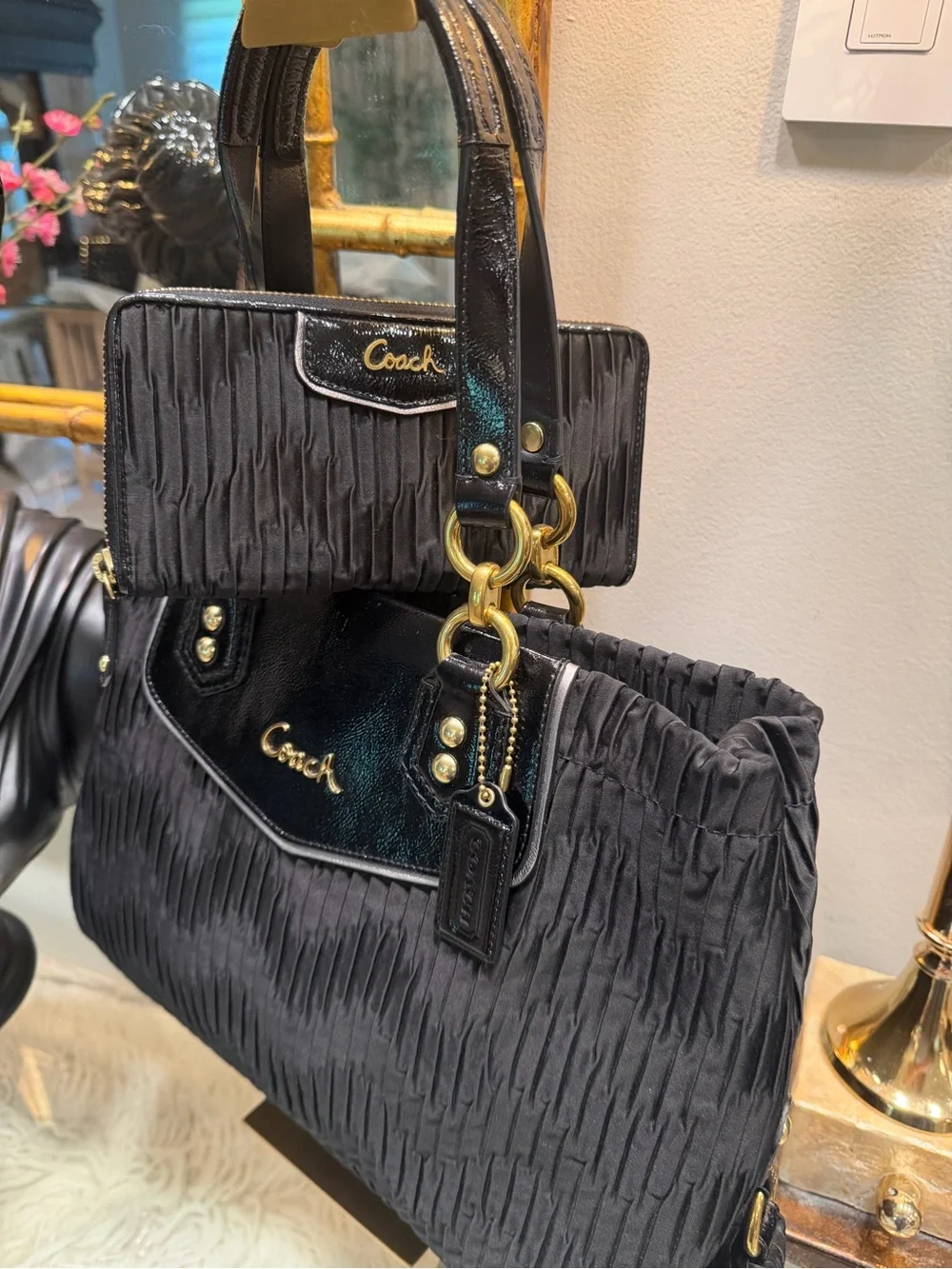 Coach EUC Black Pleated Tote and Wallet Set
